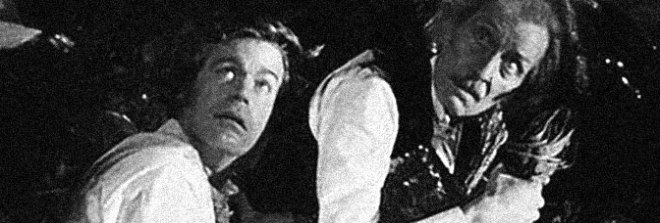 Doug McClure and Peter Cushing are bewildered Victorians in AT THE EARTH'S CORE, directed by Kevin Connor for American International Pictures.