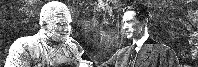 Lon Chaney Jr. and John Carradine star in THE MUMMY'S GHOST, directed by Reginald Le Borg for Universal Pictures.