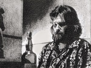 Kurt Russell finding a quiet moment amid the screams of THE THING.